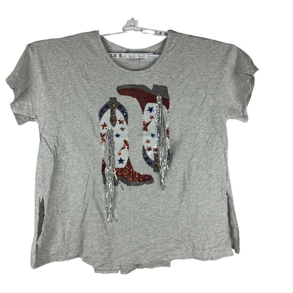 Blue B. Collection Womens Heather Grey Sequin Cowboy Boots Tee Shirt Size M - Picture 2 of 7